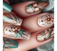 24Pcs Almond Press On Nails Flower French Fake Acrylic False Artificial Glues For Womens Nail Coffin Almond French Tip Nail