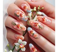 24Pcs Almond Press On Nails Flower French Fake Acrylic False Artificial Glues On For Womens On Nail Coffin Almond French Tip On Nail