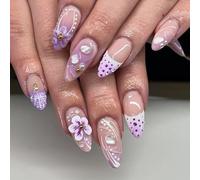 24Pcs Almond Press On Nails Flower French Fake Nails Acrylic False Artificial Glues On For Womens Press Nail Coffin Almond French Tip Nail