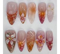 24PCS Almond Press On Nails for Women - Orange False Nails with 3D Flower Art and French Gradient Design, Made of Durable ABS, 12 Sizes for Stick-On DIY Manicure at Home or Events