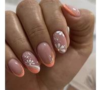 24pcs Almond Press On Nails French Tip Designs False Nails Art For Women Stick On Nails With Flower Patterns Manicure