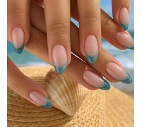 24PCS Almond Press On Nails Glossy Ombre Nude Pink To Teal Gradient Short Fake Nails For Women And Enthusiasts - Daily Wear Special Events Multiple Sizes Custom Fit Modern Beach Inspired Aesthetic