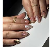 24Pcs Almond Press On Nails Gold Designs French Fake Nails Acrylic False Artificial Glues On For Women Press Nail Coffin Almond French Tip Nail