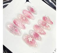 24Pcs Almond Press on Nails Medium, 3D Pink Flower Butterfly Design Fake Nails, Cat Eye Glitter French False Nails, Artificial Glue on Nail, Natural Handmade Stick on Nail for Women Girls Daily Wear