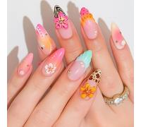 24PCS Almond Press On Nails - Medium Length French Style with 3D Flowers, Pearl and Leopard Print, Reusable ABS Material with Jelly Adhesive Tabs for Women Girls Summer Beach Party