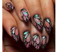 24PCS Almond Press On Nails Medium Length - Glossy 3D Butterfly & Summer Flower Charm Design - French Tip Art Fake Nails, Handmade Stick On DIY Stickers for Women - Cute Elegant Style