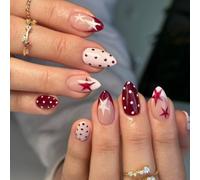 24Pcs Almond Press on Nails Medium Length, Nude Burgundy Star & Polka Dot False Nails Kit for Women - Soft High Gloss Artistic on with Adhesive Tabs & Tool Kit