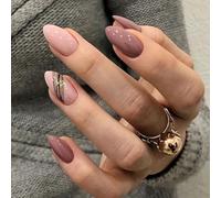 24PCS Almond Press On Nails - Milky Tea with Gold Accents, Short Almond Shape with Glitter Design, Elegant DIY Manicure for Women, Perfect for Parties & Weddings (Mocha Elegance)