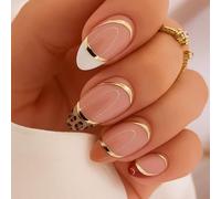 24PCS Almond Press On Nails - Nude French Tip with Gold Line & Leopard Accent - Glossy Full Cover False Nails Easy to Apply Stick On Acrylic for Women, Daily Wear & Parties