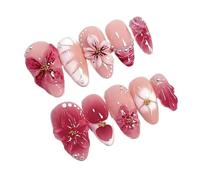 24Pcs Almond Press On Nails Pink White Gradient Star Bow Sweet Set