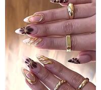 24PCS Almond Press On Nails Set with 3D Gold Flower & Geometric Design - Pink Glossy False Nails for Elegant Touch, Short Square Artificial Style, Flexible Fit & Long Lasting DIY Manicure Kit