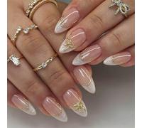 24Pcs Almond Press on Nails, White Pearl French Tip False Nails with 3D Gold Bow & Swirls, Medium Nude Stick on Nails for Women, Elegant Ballerina Acrylic Glue on Nails for Wedding Party Manicure
