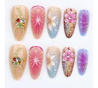 24PCS Almond Press On Nails with 3D Flower and Rhinestone Designs - French Tip Summer False Nails for Women - ABS Material Medium Nail Kit with Accessory Tools, Reusable and Salon Quality