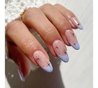 24PCS Almond Press On Nails with Blue French Tip & Gold Star Design - Glossy Nude Pink False Nails for Women Brides Parties Weddings and Daily Wear Easy Application Manicure Set