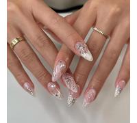 24Pcs Almond Press On Nails with Elegant White Bow & Pearls Design - Medium Length French Tip Fake Nails for Women, Summer Art, Easy to Apply, Durable Stick On, Wear Up to 3 Weeks