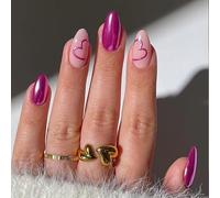 24Pcs Almond Press On Nails With Glossy Shimmering Finish - Reusable Pre-Shaped Fake Nails for Romantic Dates & Special Events, Easy Application No Required, Elegant Pink & Purple Heart Design