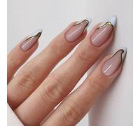 24Pcs Almond Press On Nails with Gold Line French Tip Design - Full Cover Acrylic False Nails, Short Glossy Nude Pink with Silver Chrome Stripe for Women, Easy Application Reusable Artificial