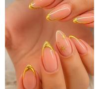 24PCS Almond Press On Nails With Jelly Adhesive Tabs And Nail File, Short Gold French Tip False, Glossy Full Cover Stick On Fake For Women, Elegant ABS Kit