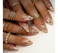 24PCS Almond Press On Nails with Nude Marble & Golden Design for Glamorous Celestial Look - Long Glossy Reusable ABS Fake Nails Featuring Line Patterns and Small Black Dots