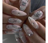 24PCS Almond Press-On Nails with Silver Star Rhinestones and Celestial Design - Full Cover Reusable Glossy Gothic Fantasy Manicure for Women and Girls Daily Wear or Special Occasion