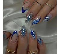 24Pcs Almond Press on Nails, Wsimily False Nails French Tip Blue Smudge Medium Full Cover Stick on Nails Elegant Manicure Reusable False Nail Tips for Women Girls