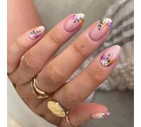 24Pcs Almond Shape False Nails With Hand-Painted Floral Design - Nude Pink Press On Nails For Women, Full Cover Stick On Manicure Set For Daily Wear And Special Occasions, Glossy Finish, Lightweight
