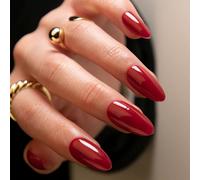 24PCS Almond Shape Press On Nails - Glossy Deep Wine False Nails Handmade Acrylic Stick On for Women, Classic Burgundy Set for Autumn & Christmas Festive Occasions, Long Lasting Salon Style Manicure