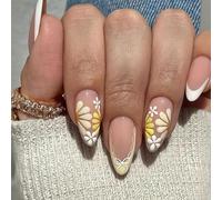 24PCS Almond Shape Press On Nails with Daisy Floral French Tip Design - Short Nude Pink Glossy False Nails for Women, Spring Summer Manicure, Natural Look Fake Easy Application Tool Kit