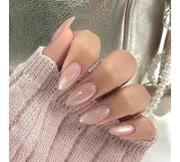 24PCS Almond-Shaped Medium-Length Press-On Nails Nude Pink Gradient Glitter Ombre Full Cover Acrylic - With Fine Silver Bow Design For Women DIY Manicure Versatile For Everyday Wear Or Special