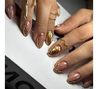 24pcs almond shaped nails golden press short length acrylic fake nails, elegant design full cover sticks for daily manicure