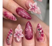 24PCS Almond-Shaped Press-On Nails with Glossy 3D Cherry Blossom and Waterdrop Design - Pink to Red Gradient Full Cover Reusable DIY Nail Art Kits for Women, Elegant Manicure Essentials for Everyday