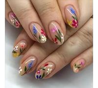 24Pcs Almond Shaped Press On Nails with Hand-Painted Wildflower Designs and Glossy Finish - Vibrant Colour Floral Tips for Women Spring Summer Casual Wear Social Events Daily Use Fake Nails