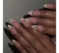 24Pcs Almond with Glitters French Tips and Rhinestones Full Covers Stick on for Various Occasion Glitters French Tip