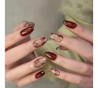 24PCS Amber Ombre Press On Nails, ABS Material, with Accessory Tools - Medium Almond False Nails, Wine Red Marble Design with Gold Accents - Full Cover Stick On Nails for Party Wedding Daily Wear