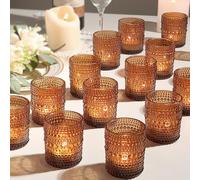 24pcs Amber Votive Candle Holders for Table, 2x2.5in Vintage Glass Small Tea Light Candles Holders for Home Decor, Tealight Candle Holder Decor for Wedding Centerpieces Baby Shower