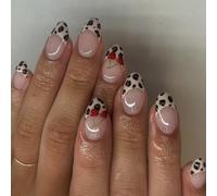 24pcs Animal Cherries Pattern Press On Nails Short French Almond Styles Glues On False For Fashionable Art Removable Nail Tips
