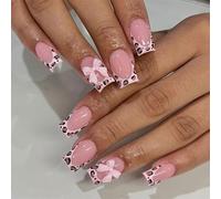 24Pcs Animal Dots Print Short French Tip Square False Nails with Bows Glossy Glues on for Women Square Shape