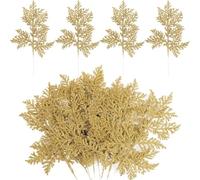 24PCS Artificial Cedar Sprigs Picks Gold Glitter Faux Plants Indoor Mini Christmas Tree Gold Leaf Pine Branches Garland Real Touch for Fireplace Mantel Decor Christmas Decorations 10.2"