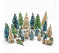 24PCS Artificial Mini Christmas Trees,Bottle Brush Trees for Christmas,Sisal Trees with Wood Base,Artificial Miniature Christmas Trees for Christmas Crafts Tabletop Decor Winter Snow Ornaments