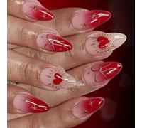 24pcs Artificial Nails Red Gradient French Design Middle Length Shiny Heart Bow Fake Nails Daily Wear Long Last Valentine Red Gradient Nail