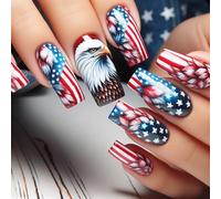 24pcs Artificial Nails with Star Designs Press on Full Covers False for Independence Day Celebrations Wear Nails