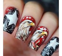 24pcs Artificial Nails With Star Designs Press On Full Covers False For Independence Day Celebrations Glossy False Nail