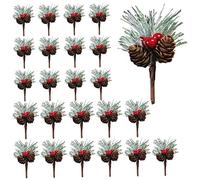 24pcs Artificial Pine Picks, Small Artificial Red Berries Branches Holly Christmas Berries Pinecone Stems Faux Berry Spray Sprigs Twigs for Christmas Wreaths and Holiday Decorations, Christmas