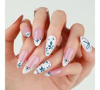 24Pcs Artistic False Nails - Almond Shape Nude and White Base with Blue Porcelain Inspired Floral and Bow Patterns Glossy Full Cover Acrylic Nail Set - Unique Elegant Nail Art Look