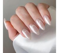 24Pcs Aurora French False Nails - Grey Almond Stick on Nails - Full Cover Press on Nails for Women and Girls