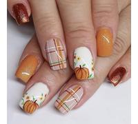 24pcs Autumn Fake Nails - Short Square False Nails - Orange Press on Nails with Cute Pumpkin Design & Glossy Surface - Versatile, Durable, Long-lasting Stick on Nails for Women