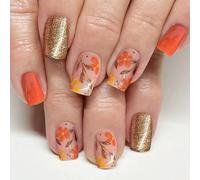 24PCS Autumn Gold Glitter Press On Nails - Handmade Maple Leaf & Foil Design | Eco Gel Tabs Kit for Halloween, Bonfire Night?C?
