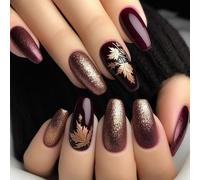 24PCS Autumn Leaf Artifical Nails With Golden Shining Ergonomic Shape Quick To Stick For Parties Daily Wear ABS False Nail Party Wedding