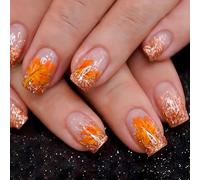 24PCS Autumn Maple Leaf Gold Glitter Short Square Artificial Press on Nails - Translucent Base with Jelly Adhesive Tabs, Manicure Kit for Women Fall Dinners Parties Festive Seasonal Decorative