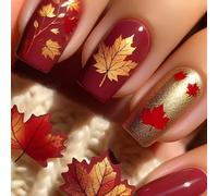 24PCS Autumn Maple Leaf Press On Nails Square Shape - Burgundy & Gold Acrylic Fake Nails with Foil Leaf Design, Glossy Reusable ABS Stick-On Set with Jelly Adhesive for Winter Holiday Look